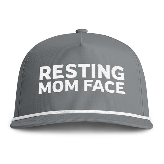 Image of a grey hat with white embroidery reading "Resting Mom Face"