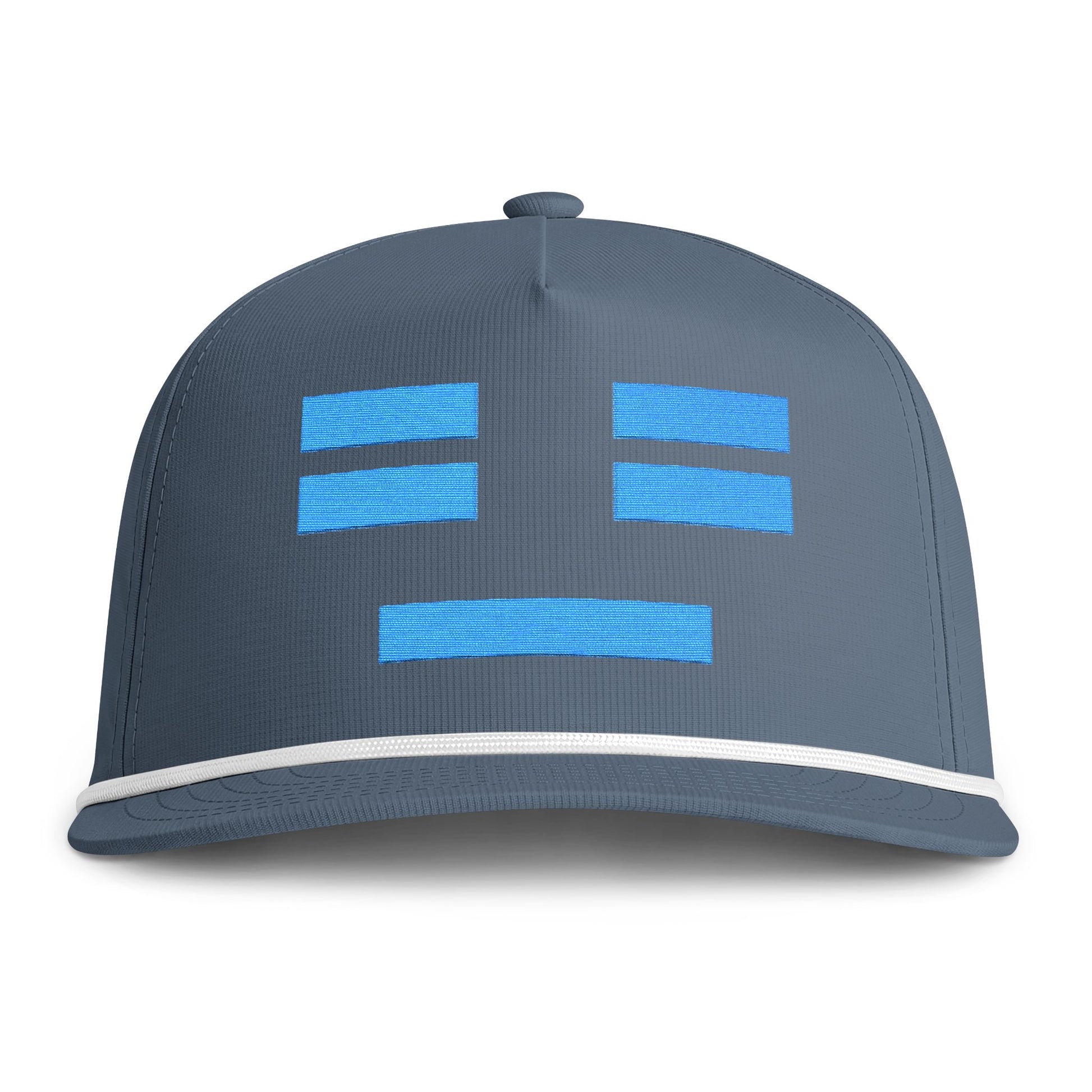 Image of an indigo hat with an embroidered blue resting face icon