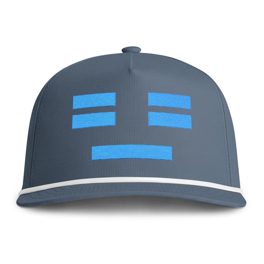 Image of an indigo hat with an embroidered blue resting face icon