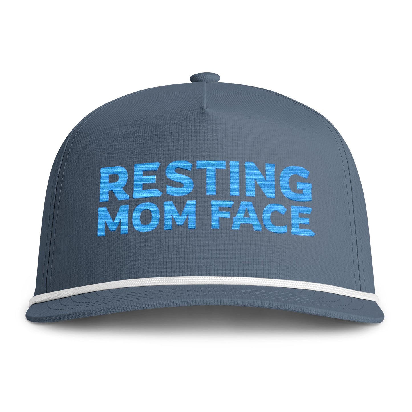 Image of an indigo hat with blue embroidery reading "Resting Mom Face"