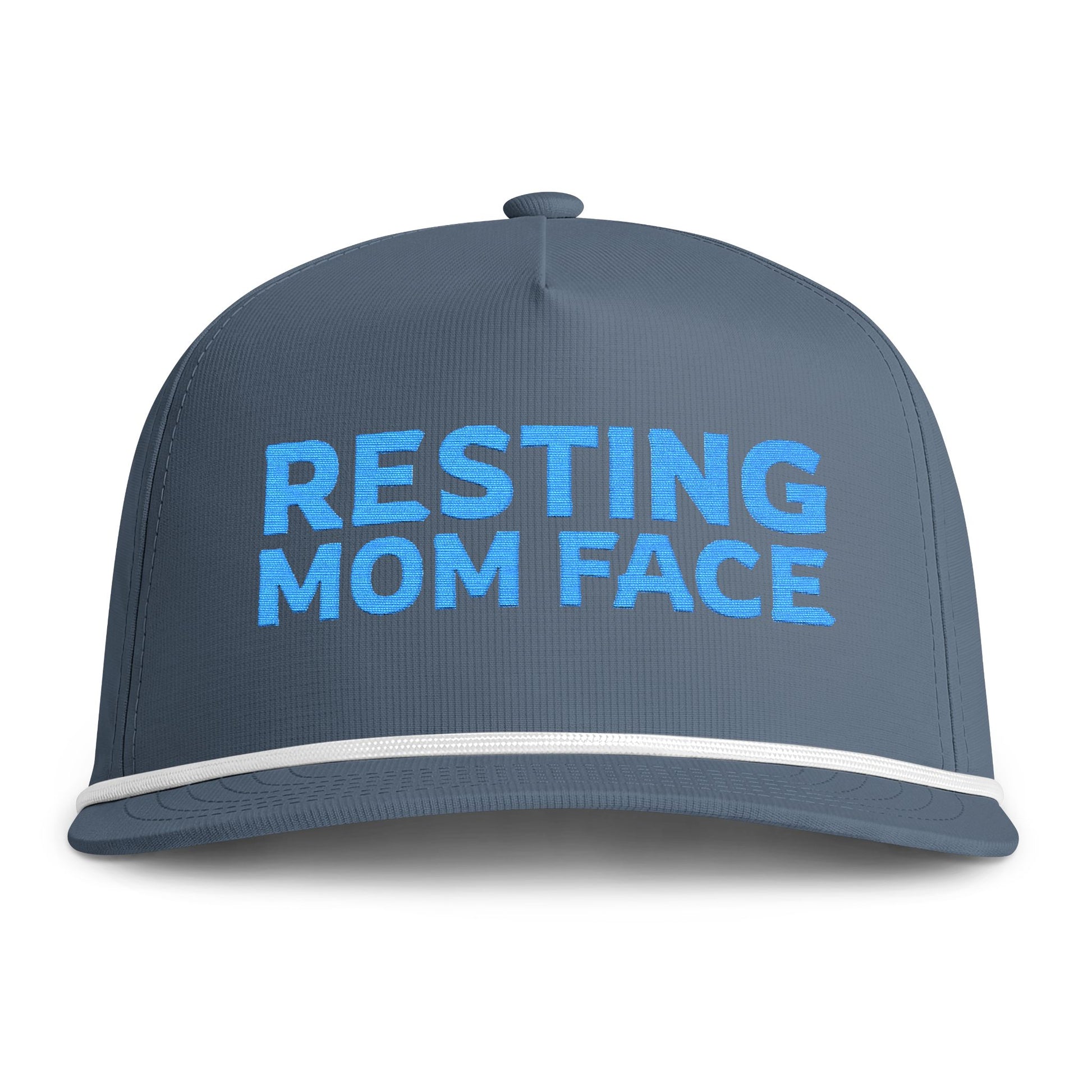 Image of an indigo hat with blue embroidery reading "Resting Mom Face"