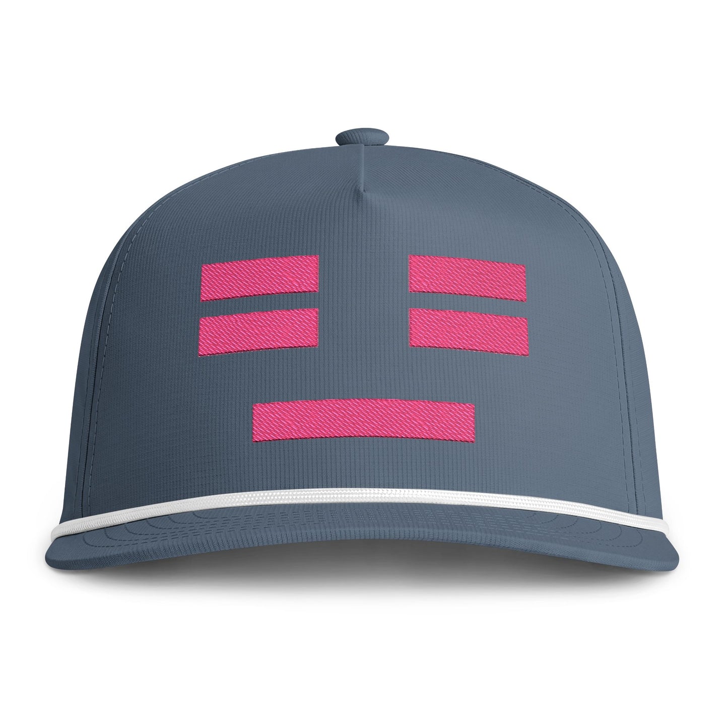 Image of an indigo hat with an embroidered pink resting face icon
