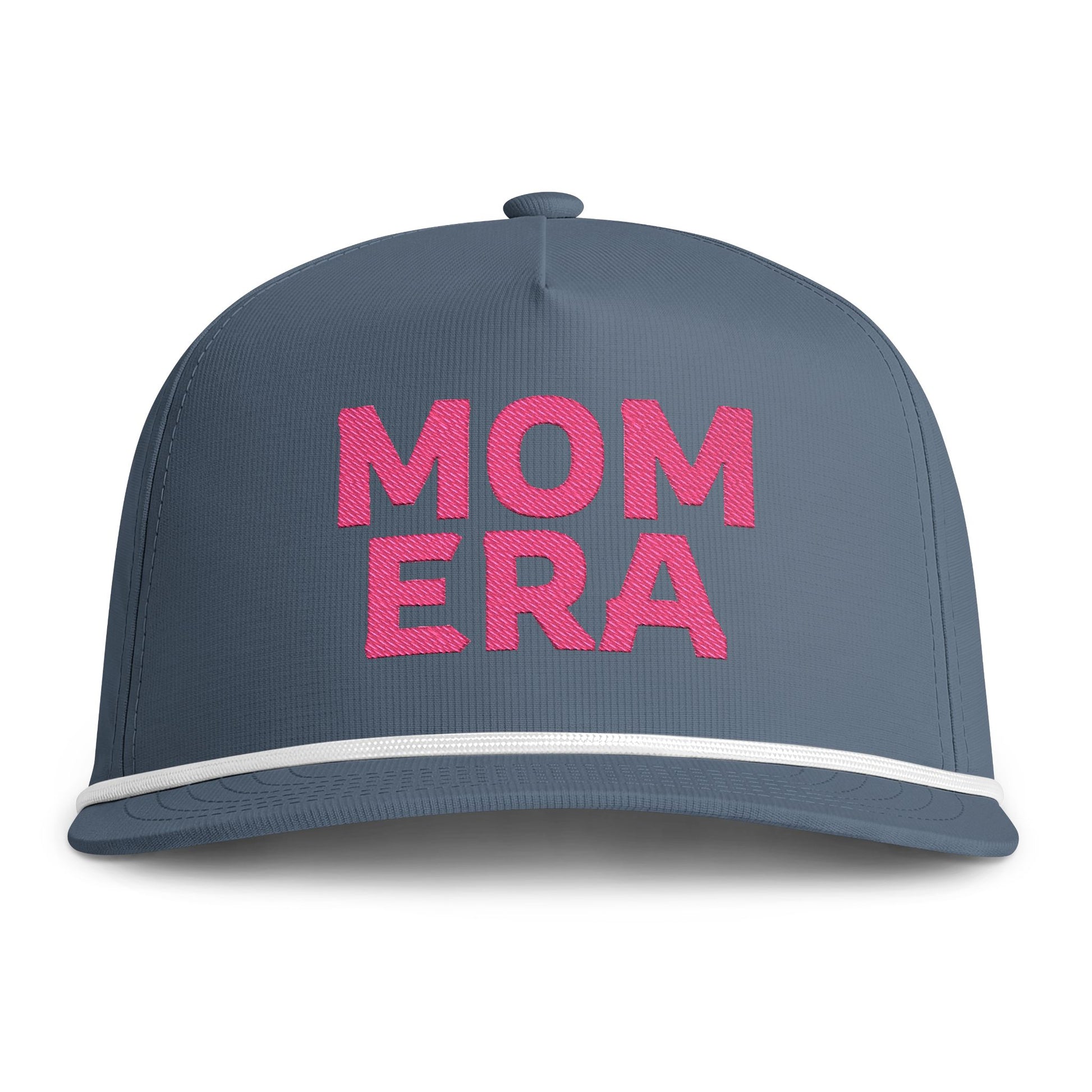 Image of an indigo hat with pink embroidery reading "Mom Era"