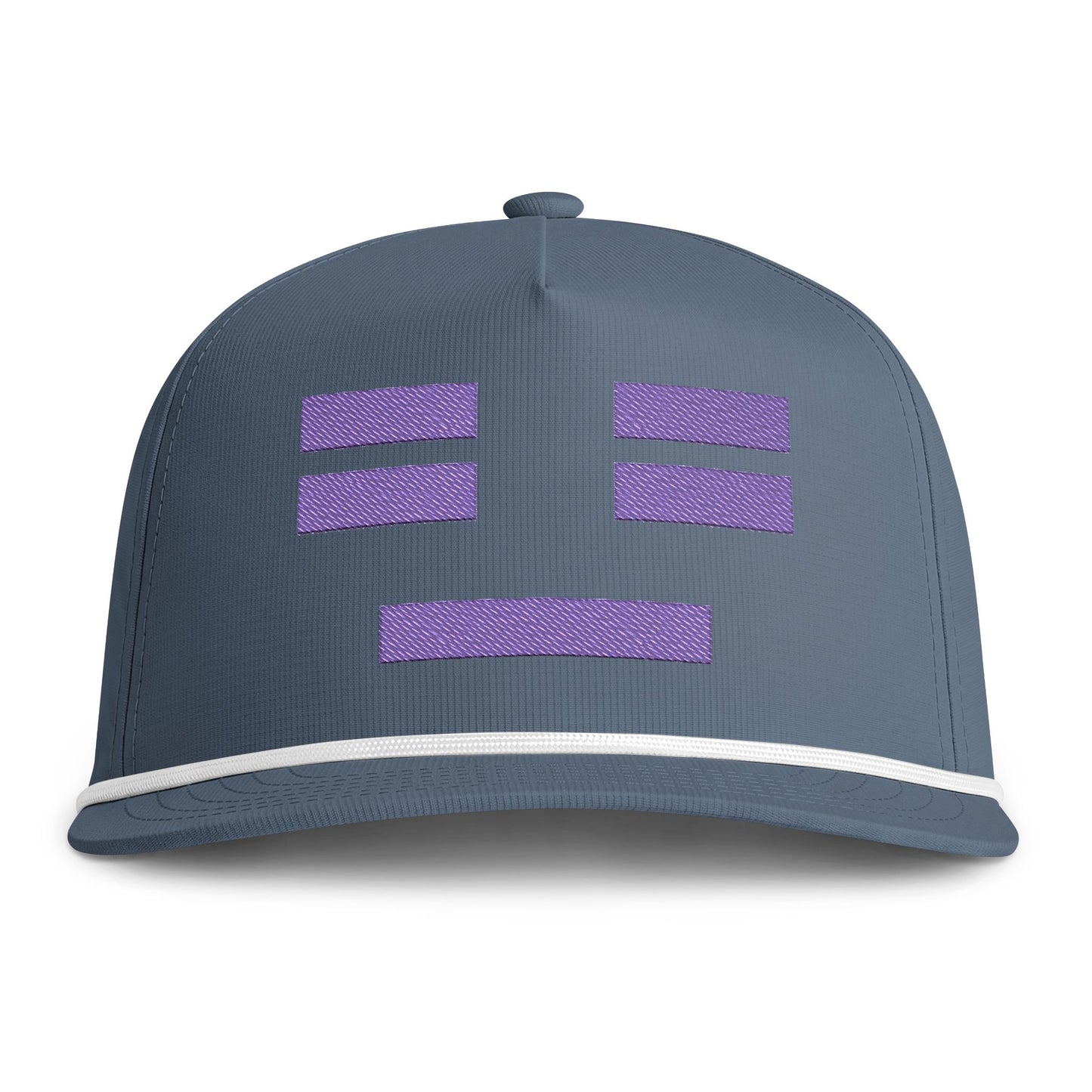 Image of an indigo hat with an embroidered purple resting face icon