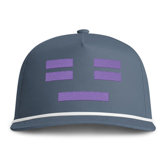 Image of an indigo hat with an embroidered purple resting face icon