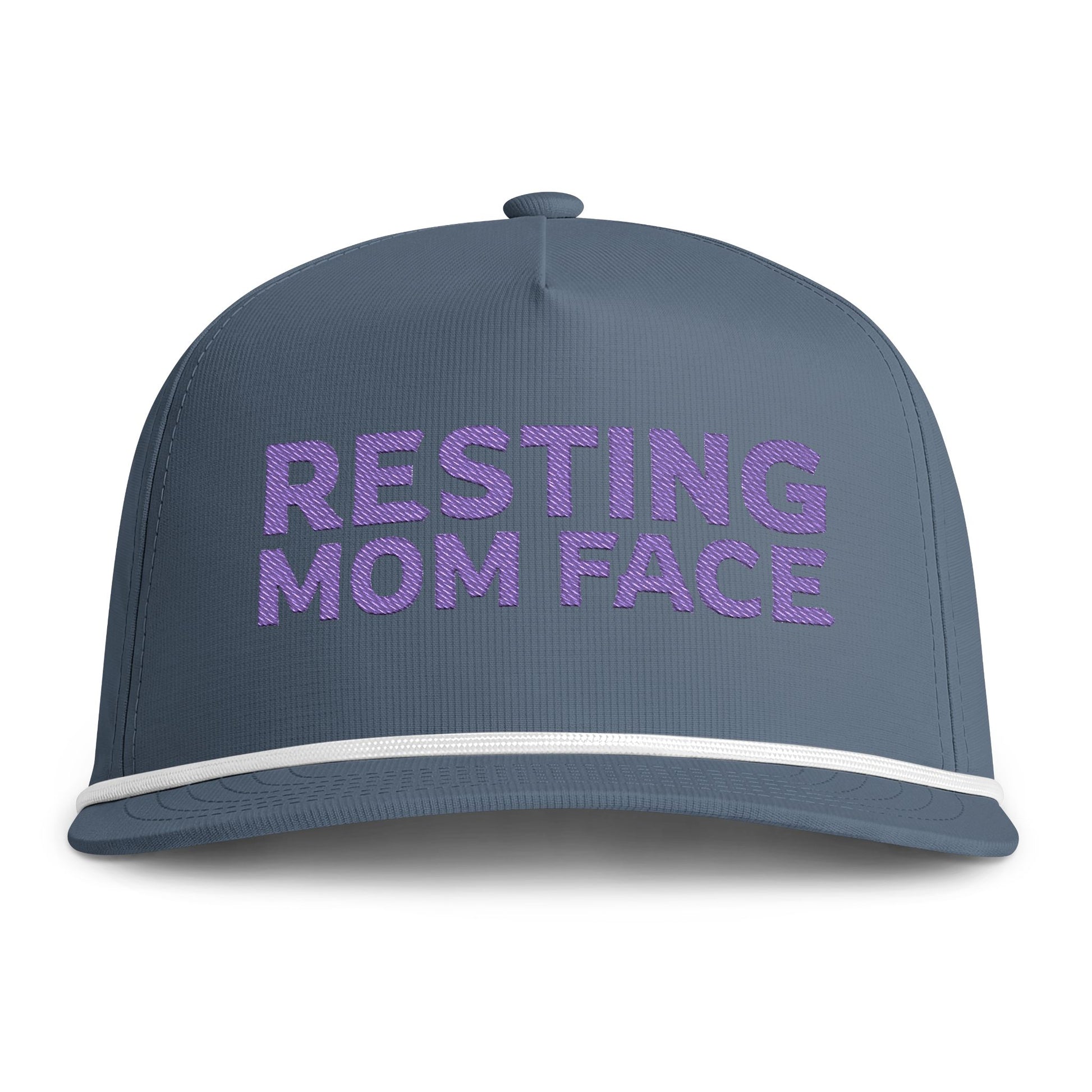 Image of an indigo hat with purple embroidery reading "Resting Mom Face"