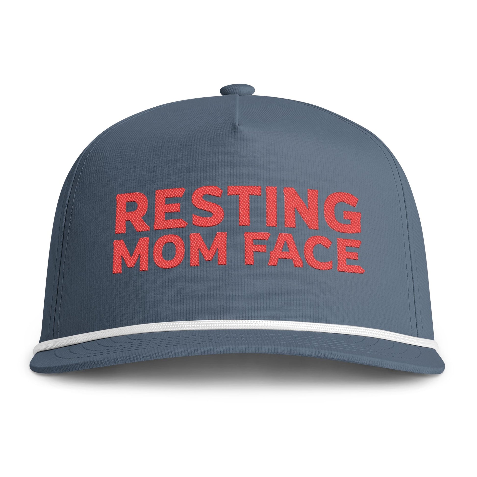 Image of an indigo hat with red embroidery reading "Resting Mom Face"