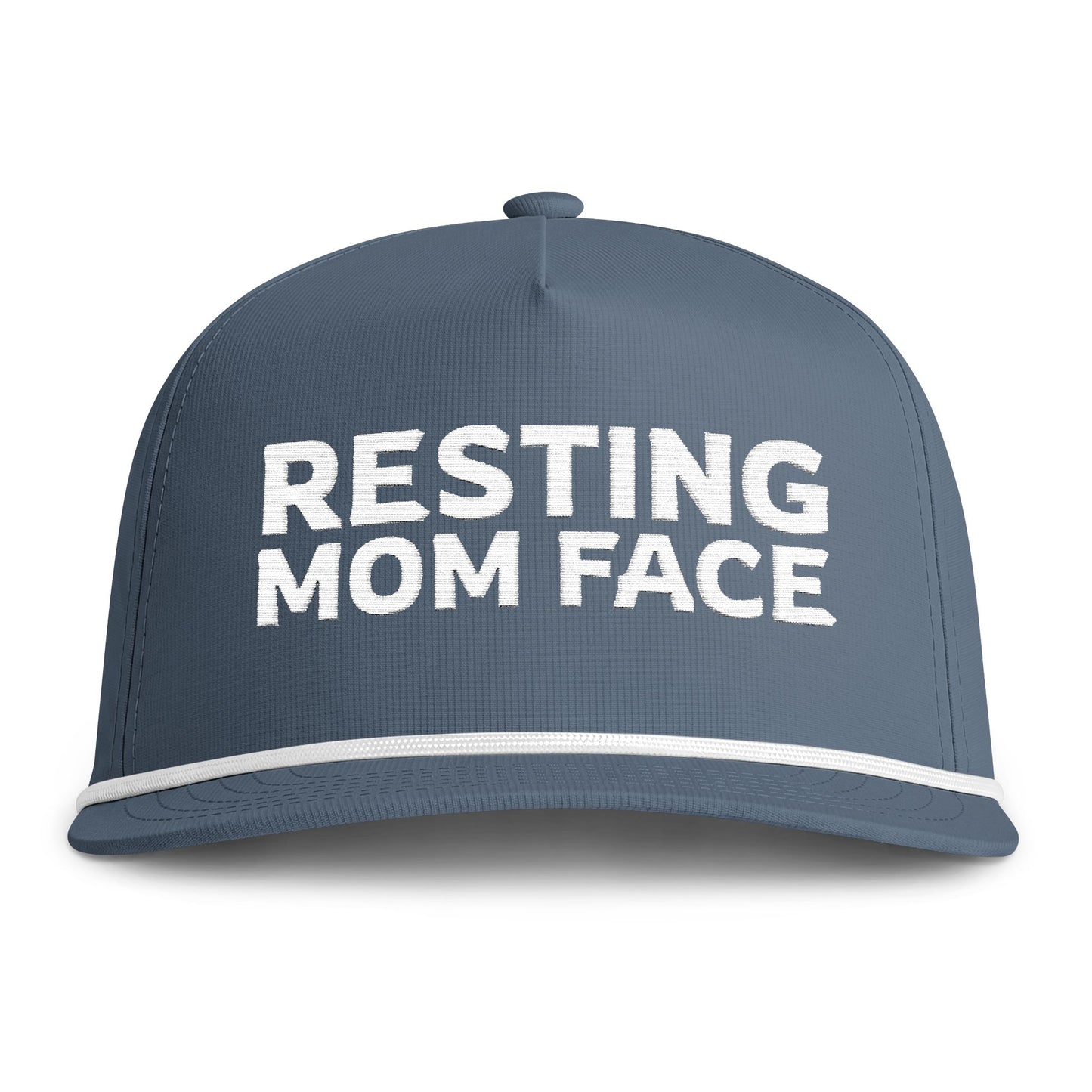 Image of an indigo hat with white embroidery reading "Resting Mom Face"