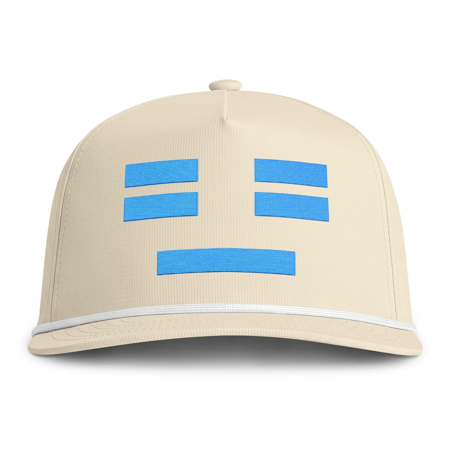 Image of an ivory hat with an embroidered blue resting face icon