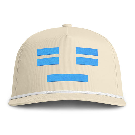 Image of an ivory hat with an embroidered blue resting face icon