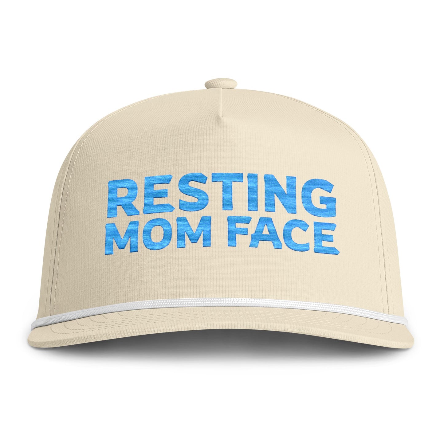 Image of an ivory hat with blue embroidery reading "Resting Mom Face"
