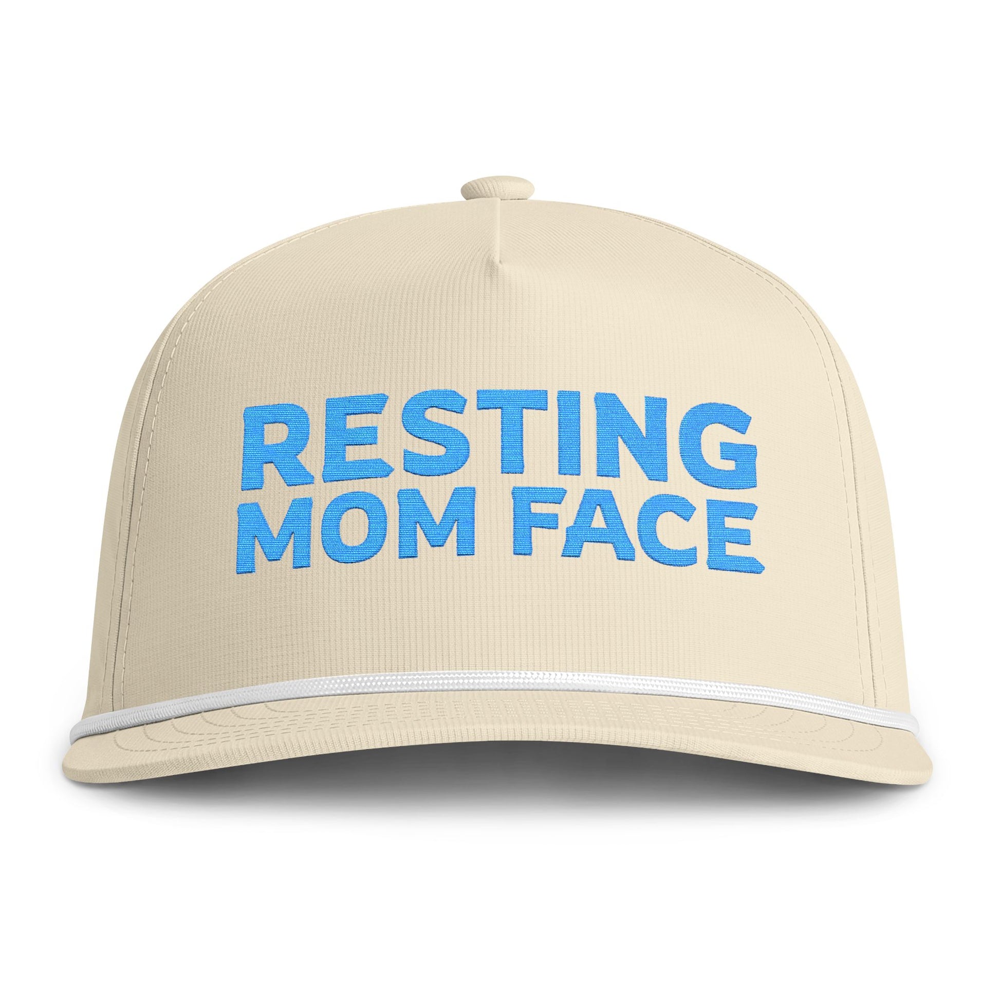 Image of an ivory hat with blue embroidery reading "Resting Mom Face"