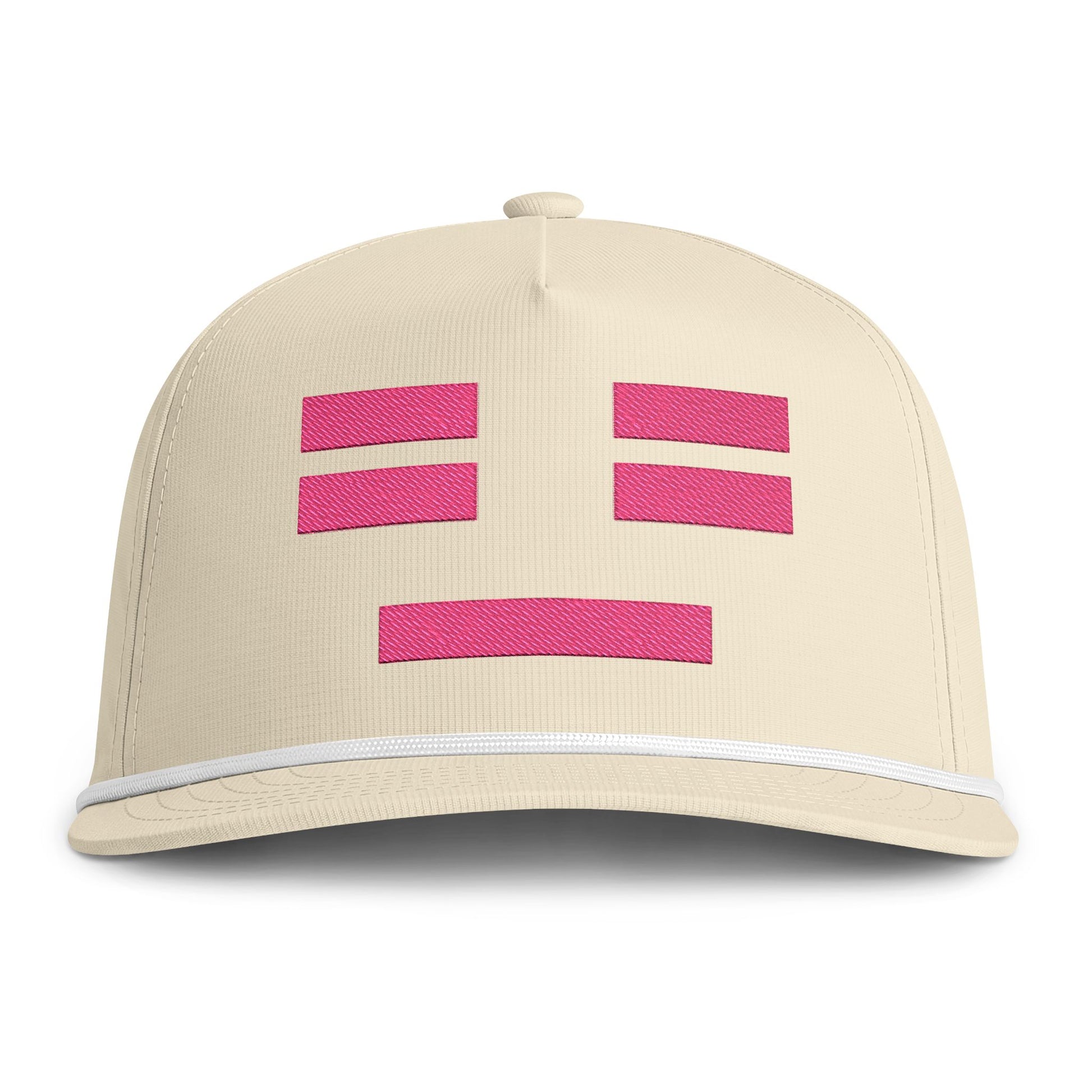 Image of an ivory hat with an embroidered pink resting face icon