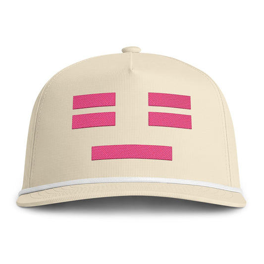 Image of an ivory hat with an embroidered pink resting face icon