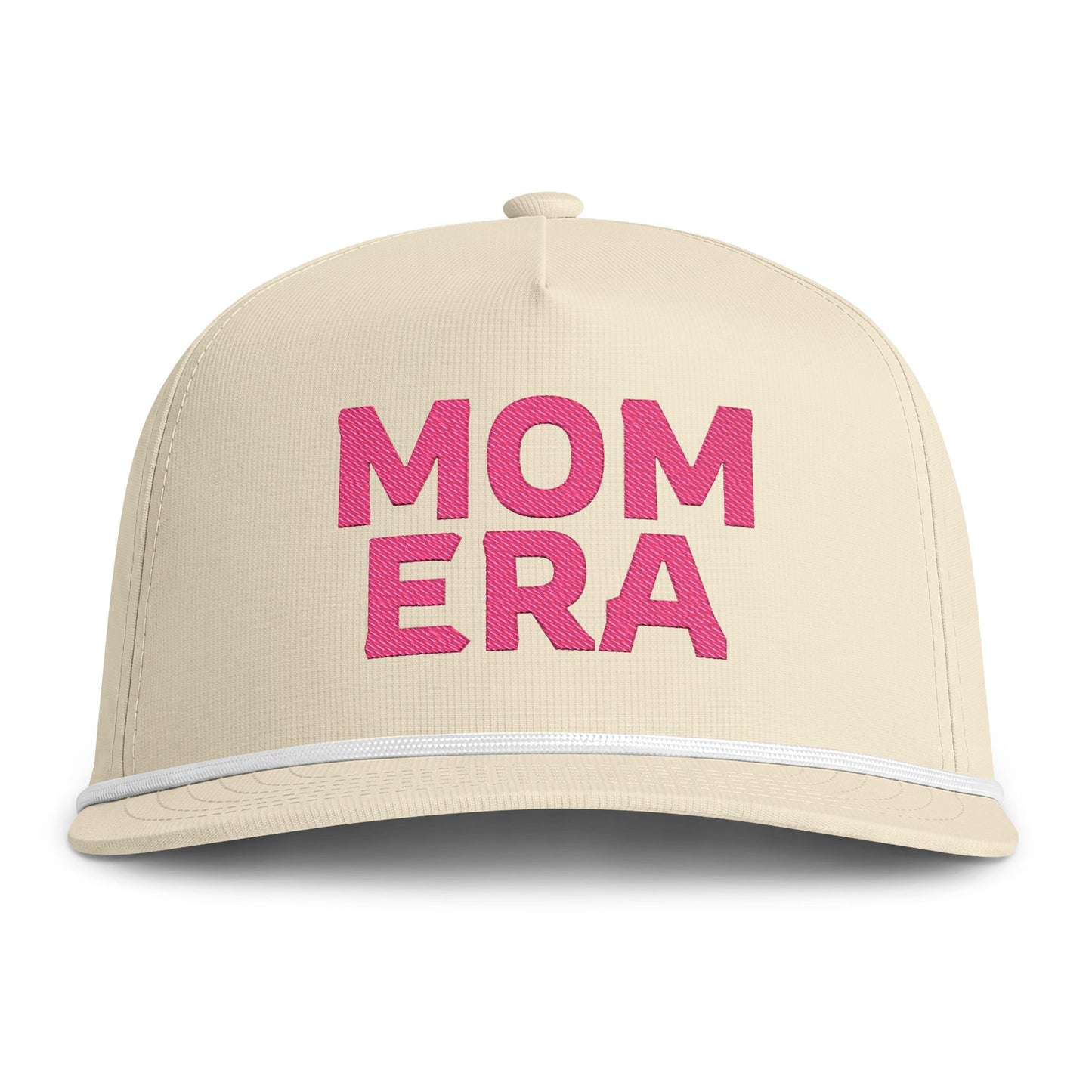 Image of an ivory hat with pink embroidery reading "Mom Era"