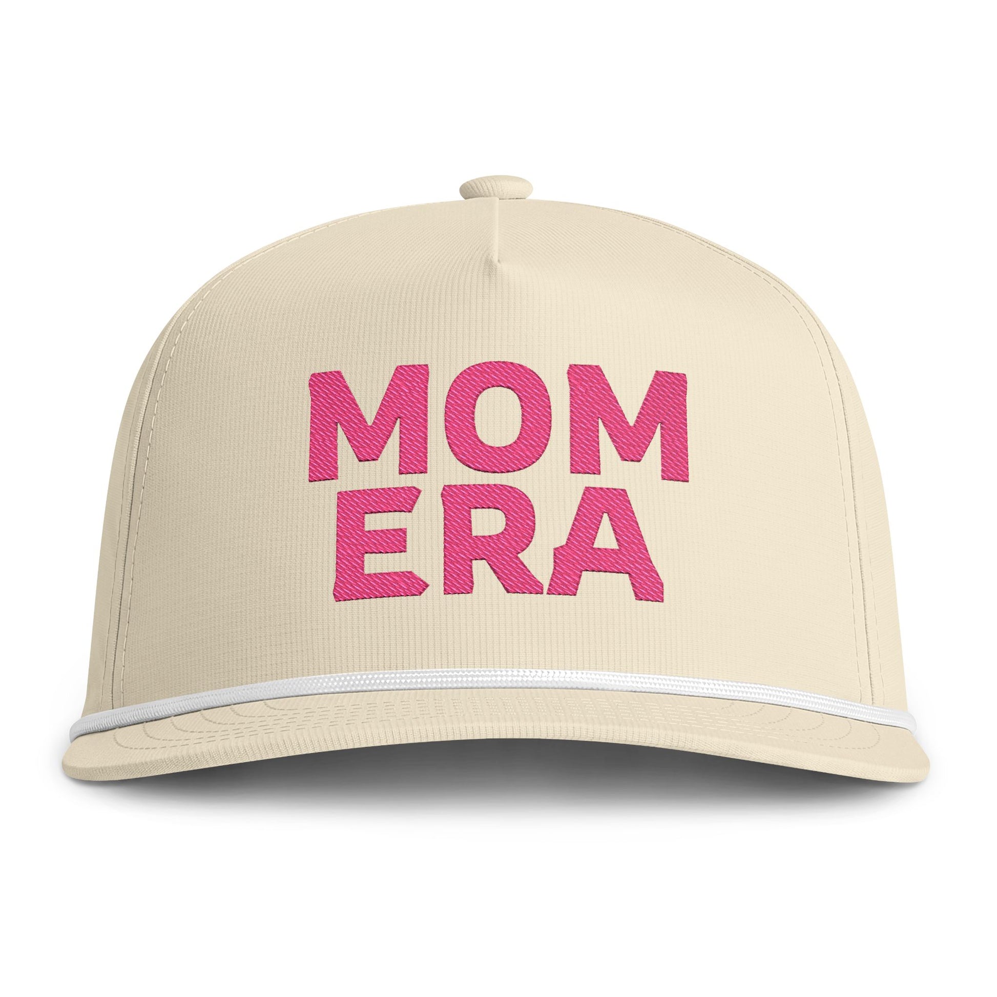 Image of an ivory hat with pink embroidery reading "Mom Era"