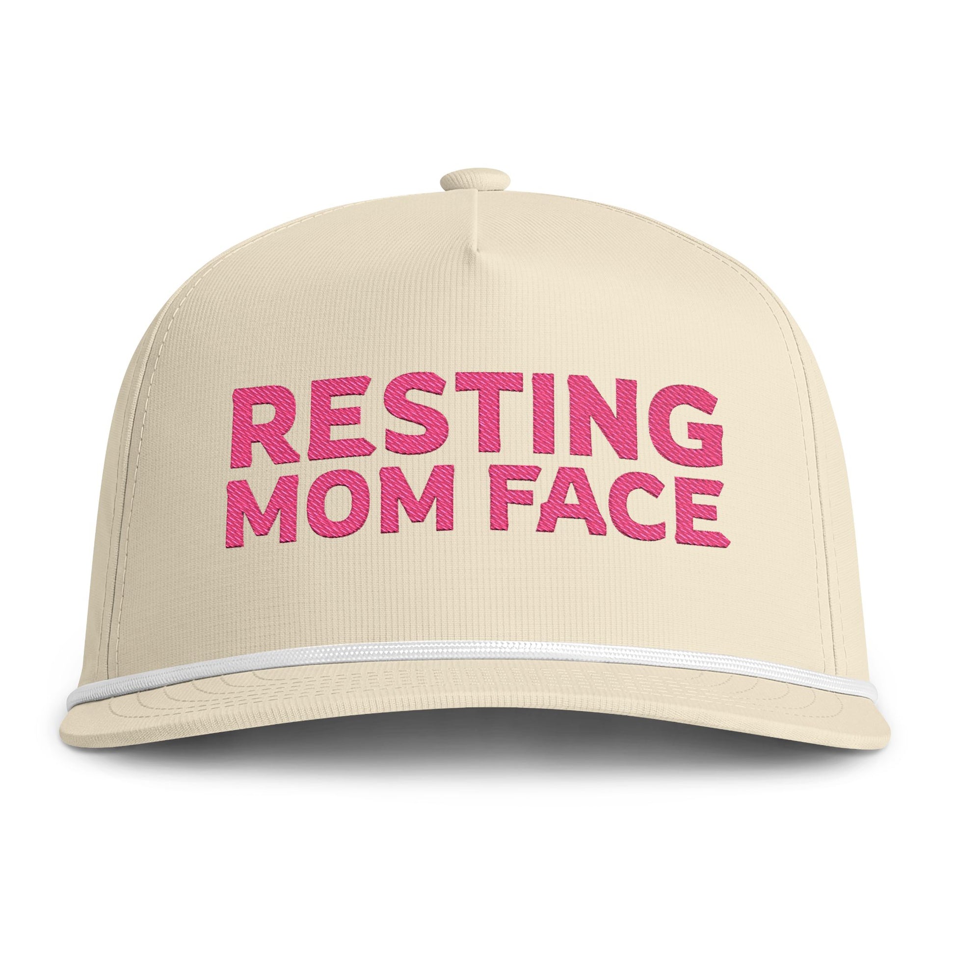 Image of an ivory hat with pink embroidery reading "Resting Mom Face"