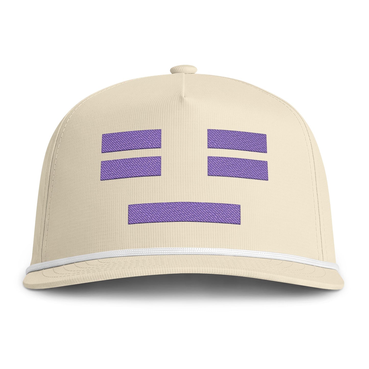 Image of an ivory hat with an embroidered purple resting face icon