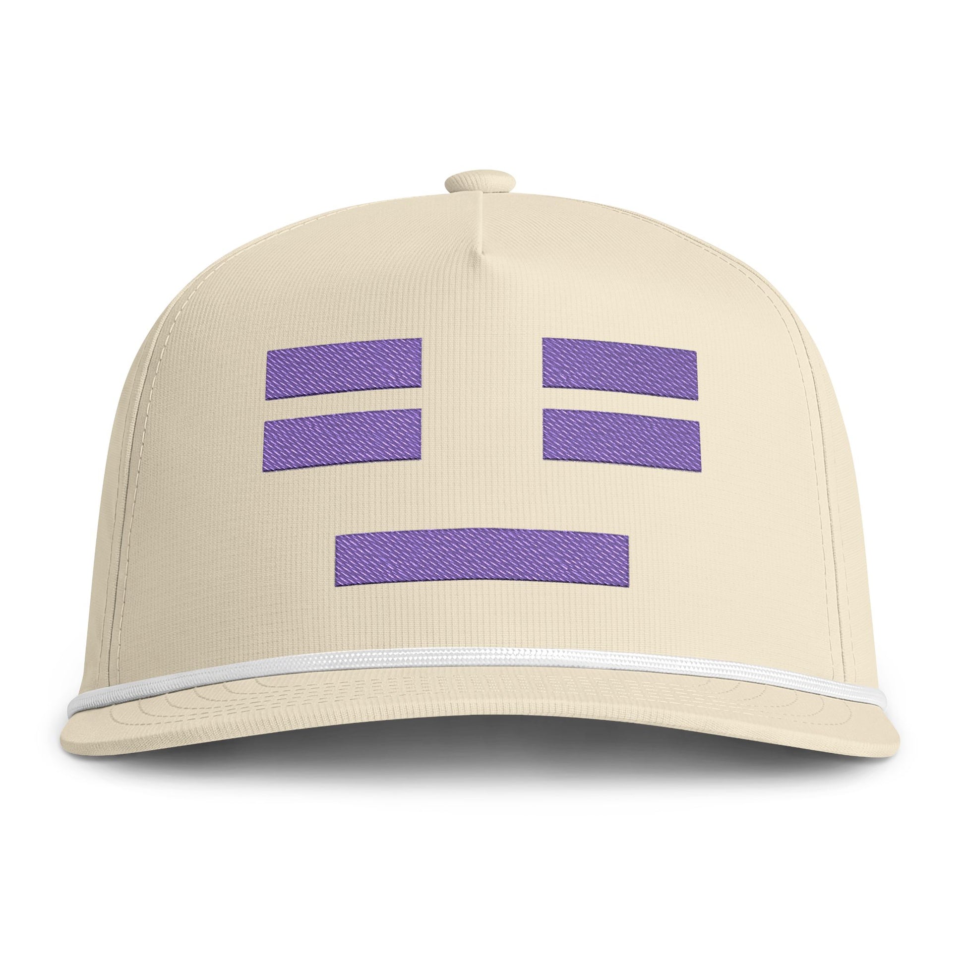 Image of an ivory hat with an embroidered purple resting face icon