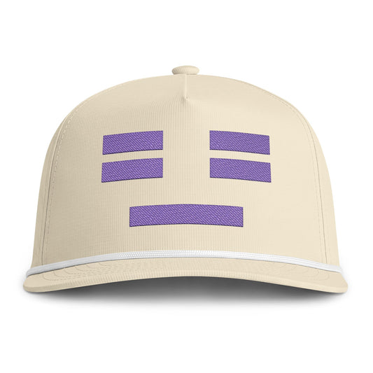 Image of an ivory hat with an embroidered purple resting face icon