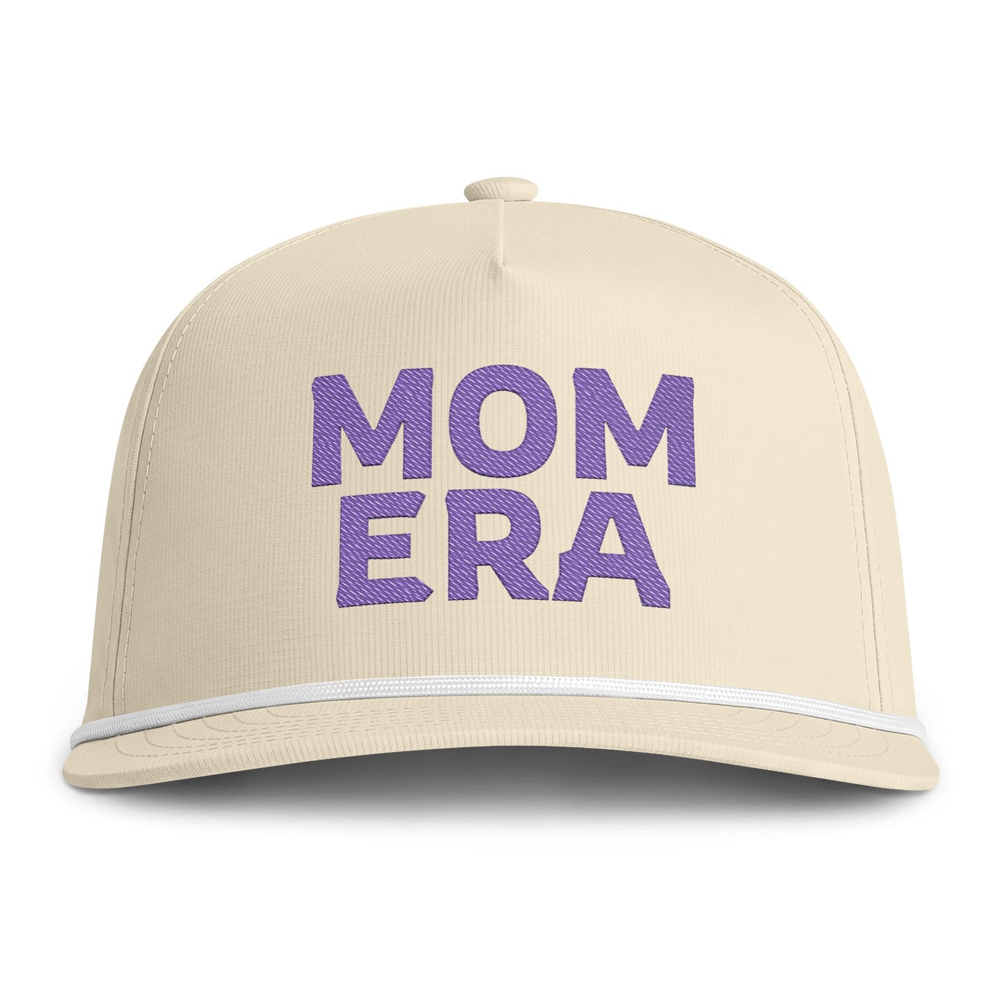 Image of an ivory hat with Purple embroidery reading "Mom Era"
