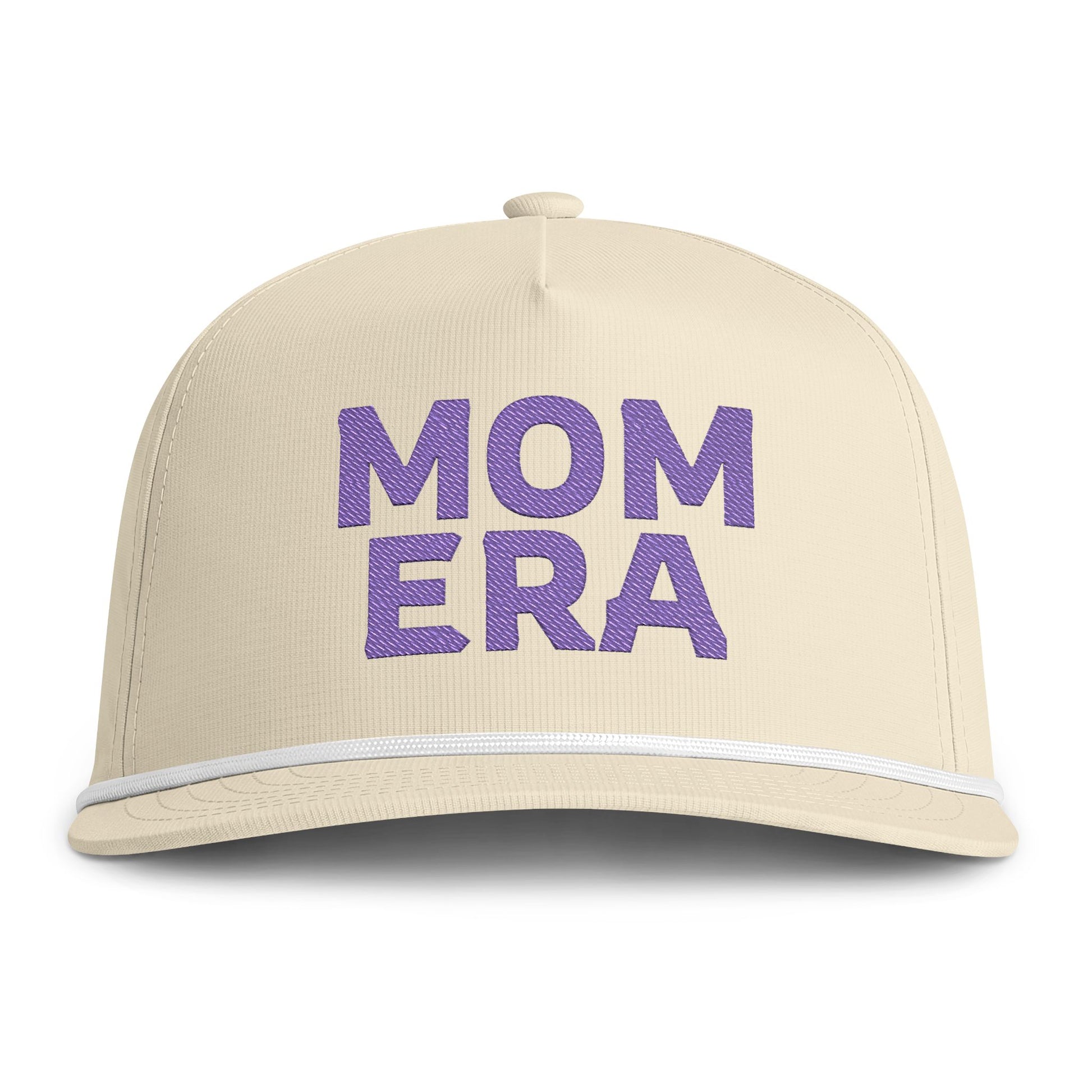 Image of an ivory hat with Purple embroidery reading "Mom Era"