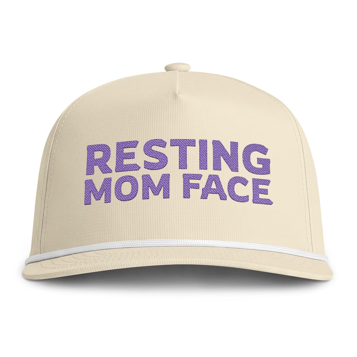 Image of an ivory hat with purple embroidery reading "Resting Mom Face"