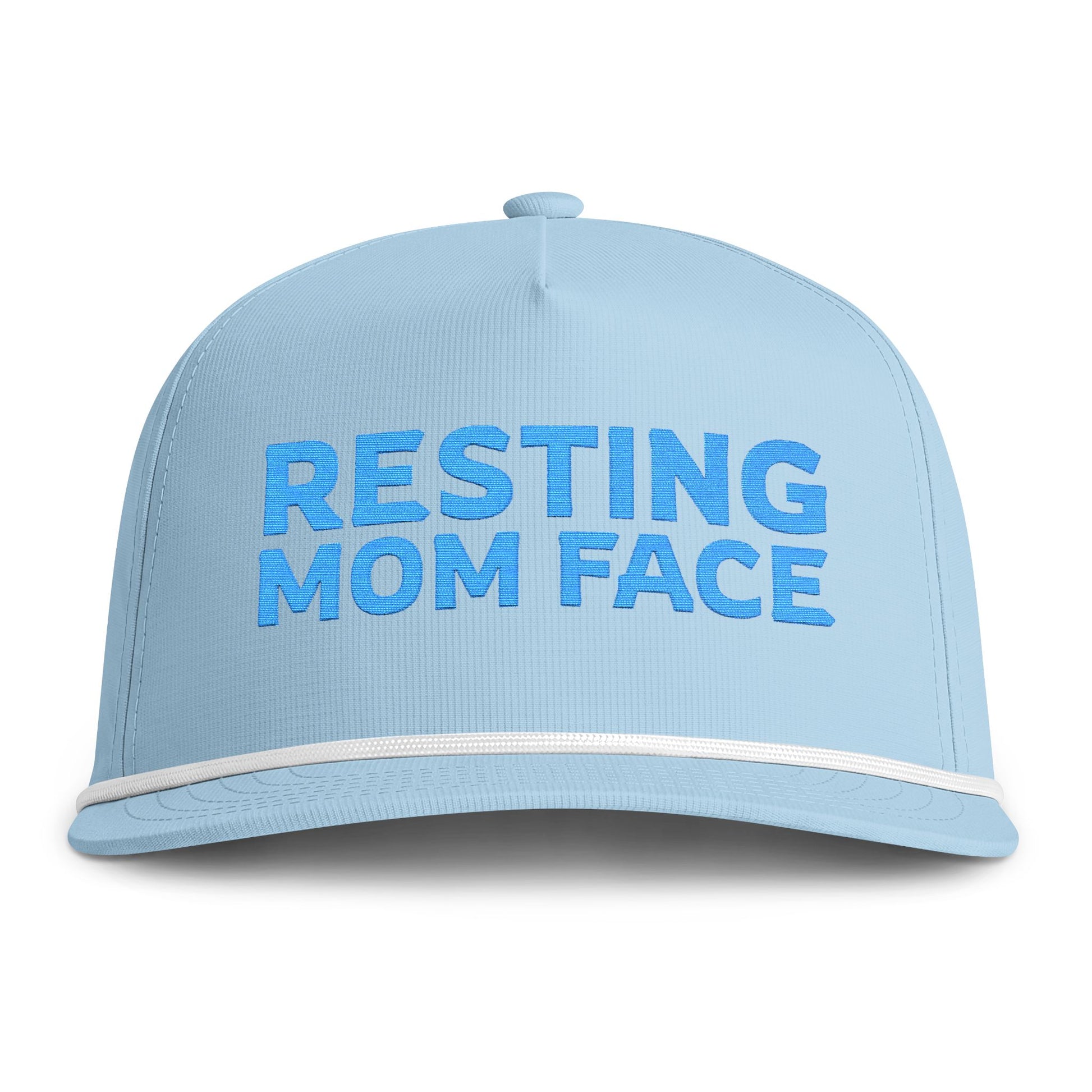 Image of a light blue hat with blue embroidery reading "Resting Mom Face"