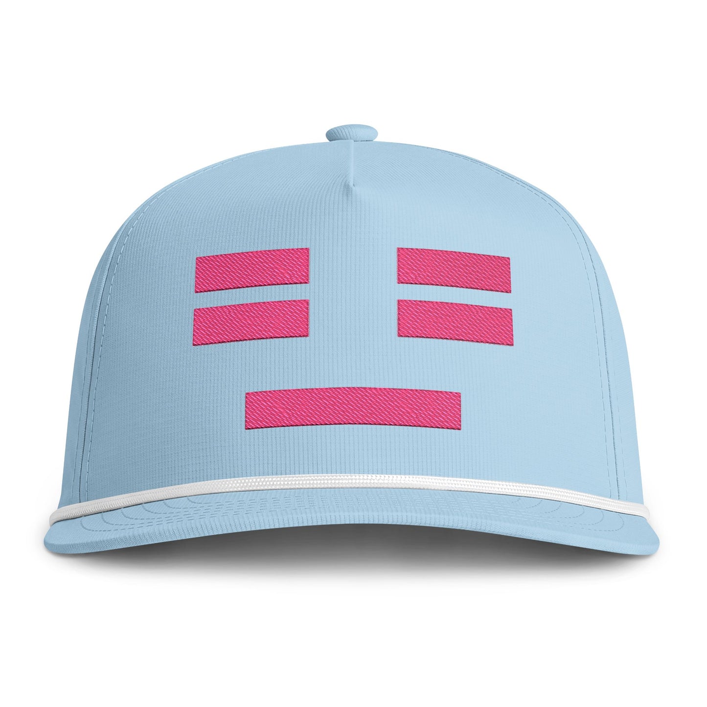 Image of a light blue hat with an embroidered pink resting face icon