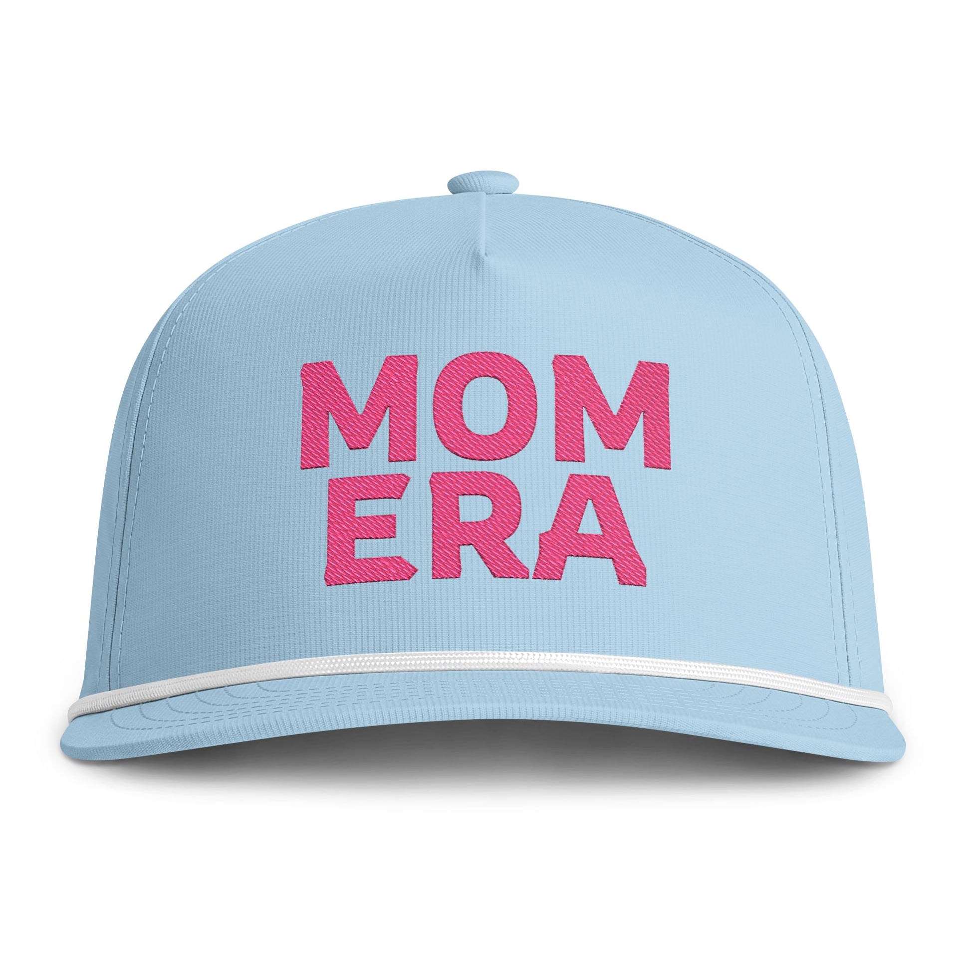 Image of a light blue hat with pink embroidery reading "Mom Era"