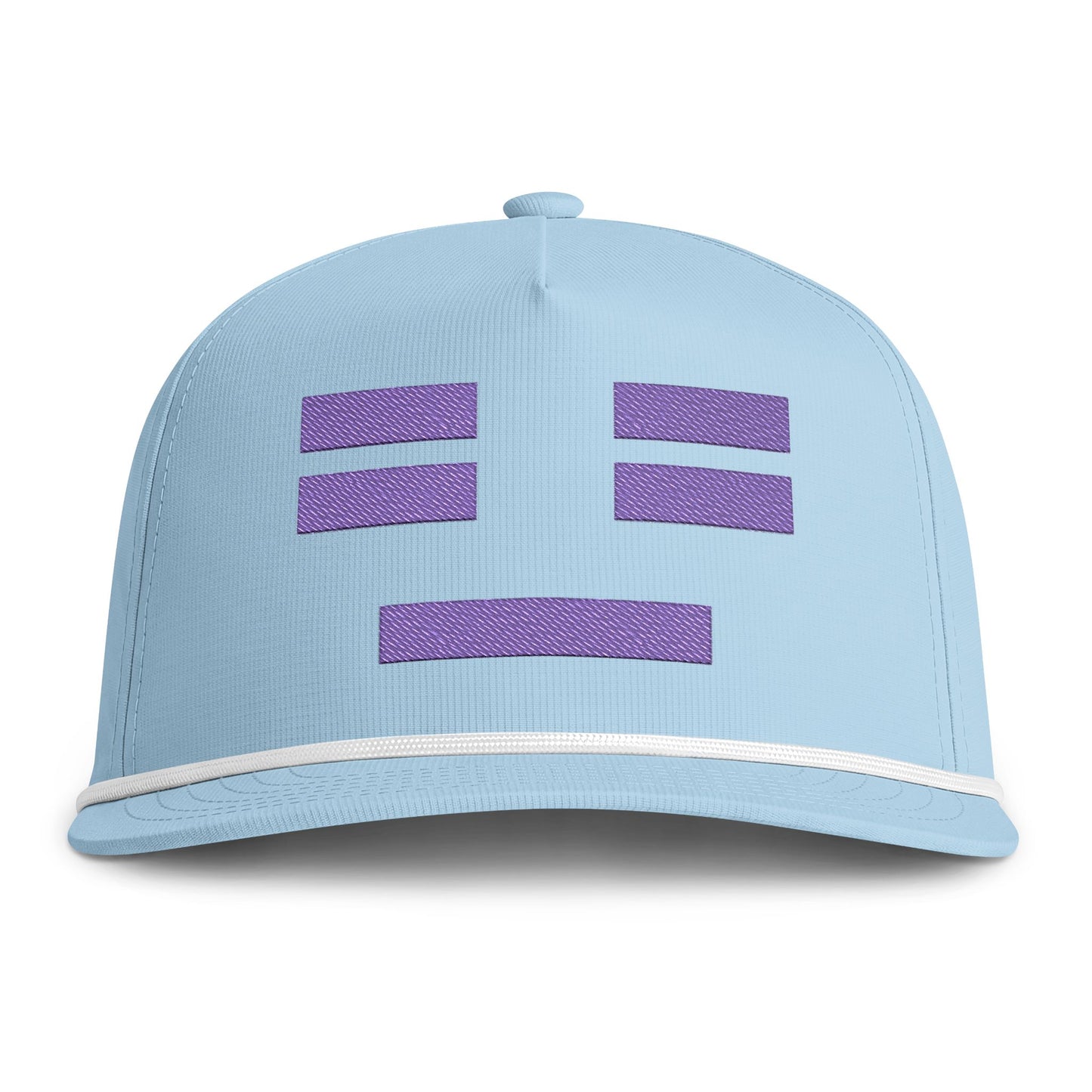 Image of a light blue hat with an embroidered purple resting face icon