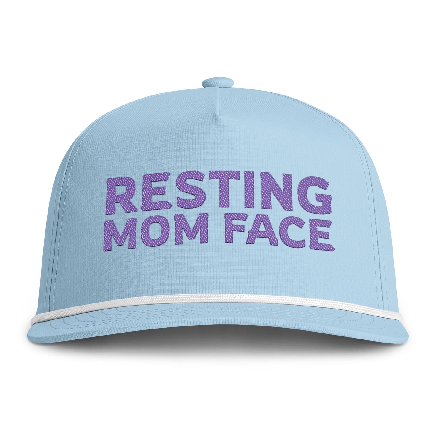 Image of a light blue hat with purple embroidery reading "Resting Mom Face"