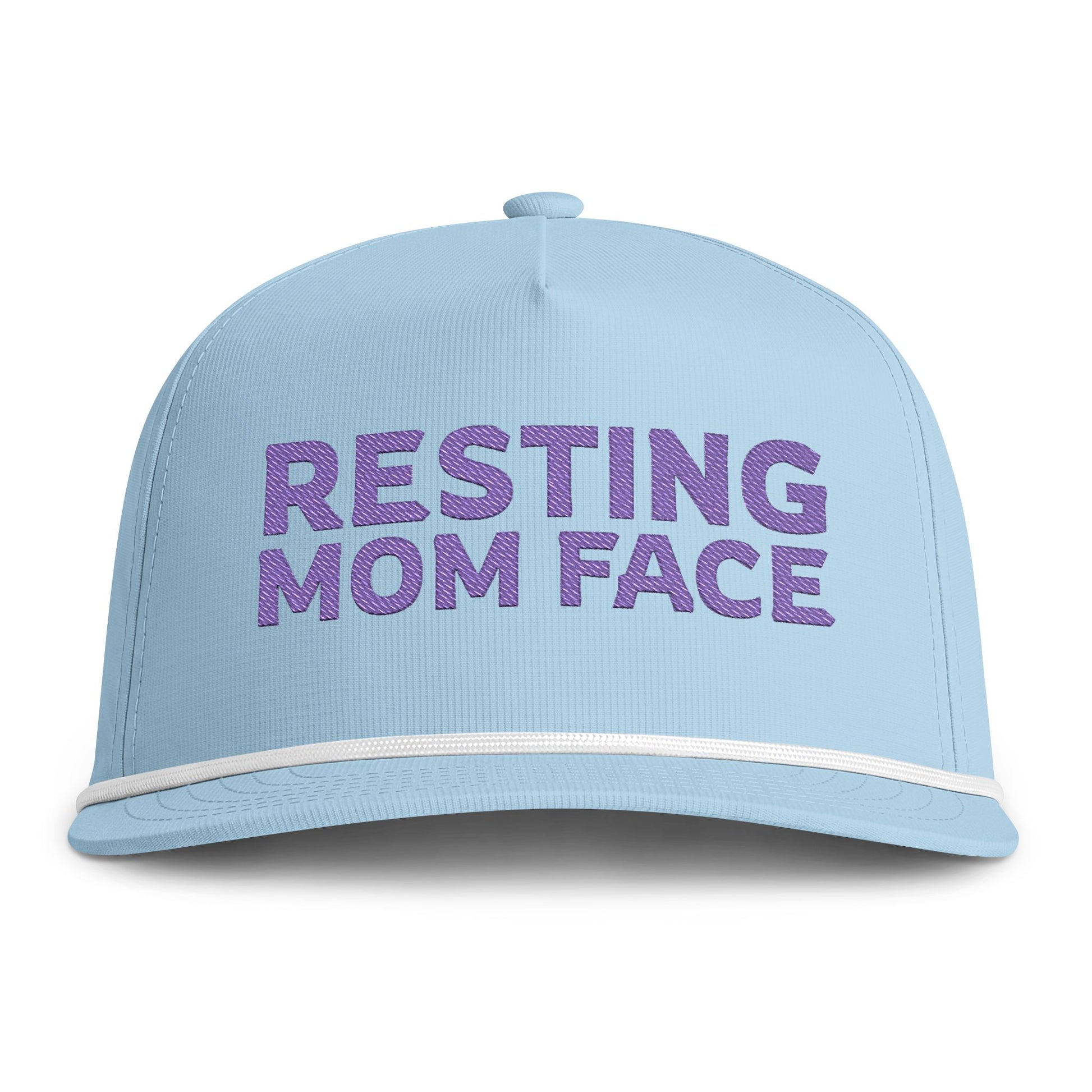 Image of a light blue hat with purple embroidery reading "Resting Mom Face"