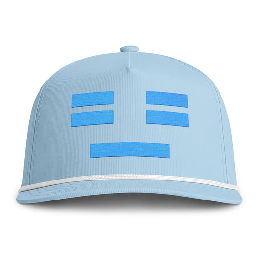 Image of a light blue hat with an embroidered blue resting face icon