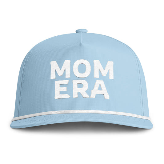 Image of a light blue hat with white embroidery reading "Mom Era"
