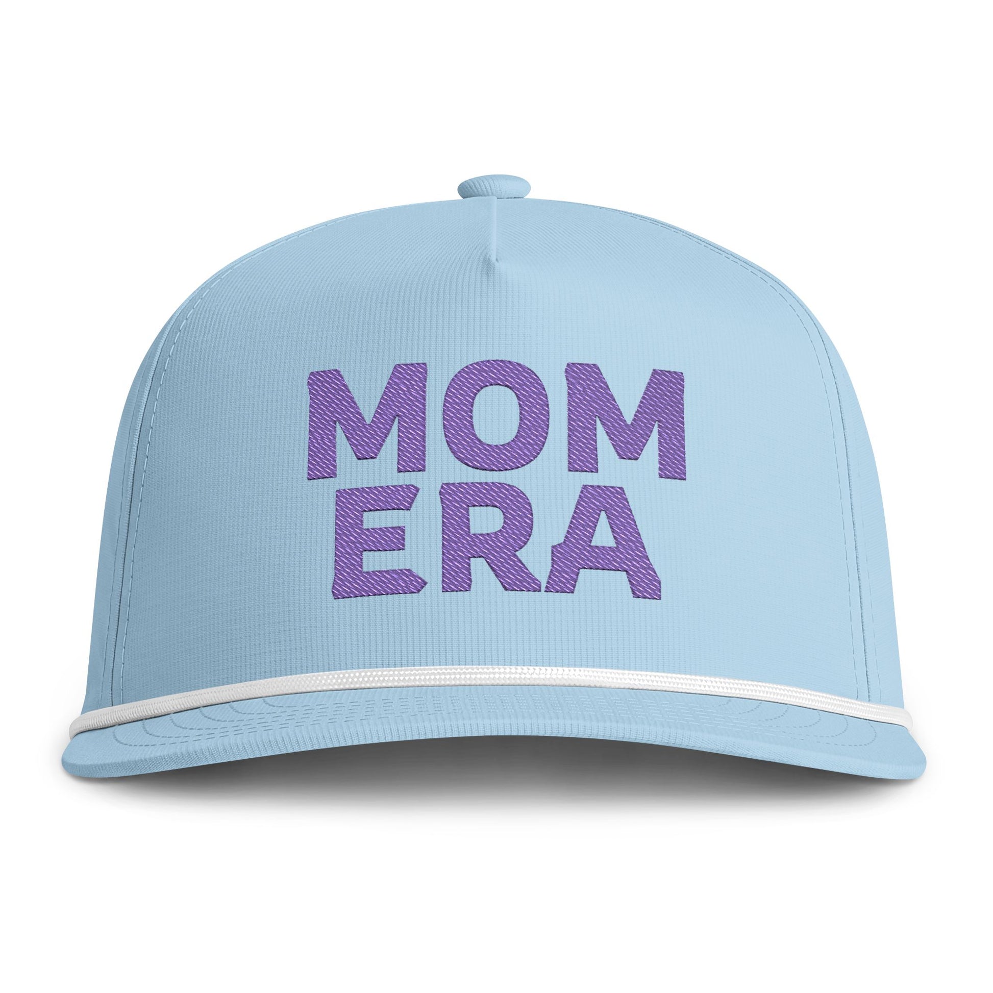 Image of a light blue hat with Purple embroidery reading "Mom Era"