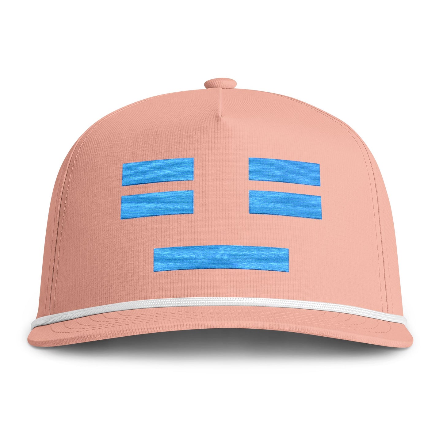 Image of a peach hat with an embroidered blue resting face icon