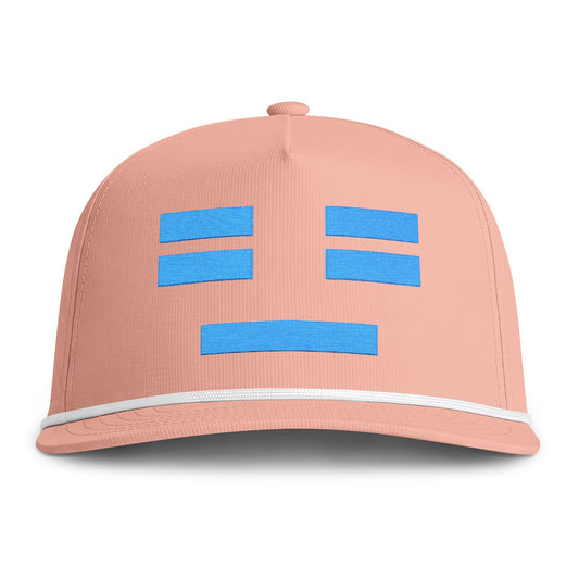 Image of a peach hat with an embroidered blue resting face icon