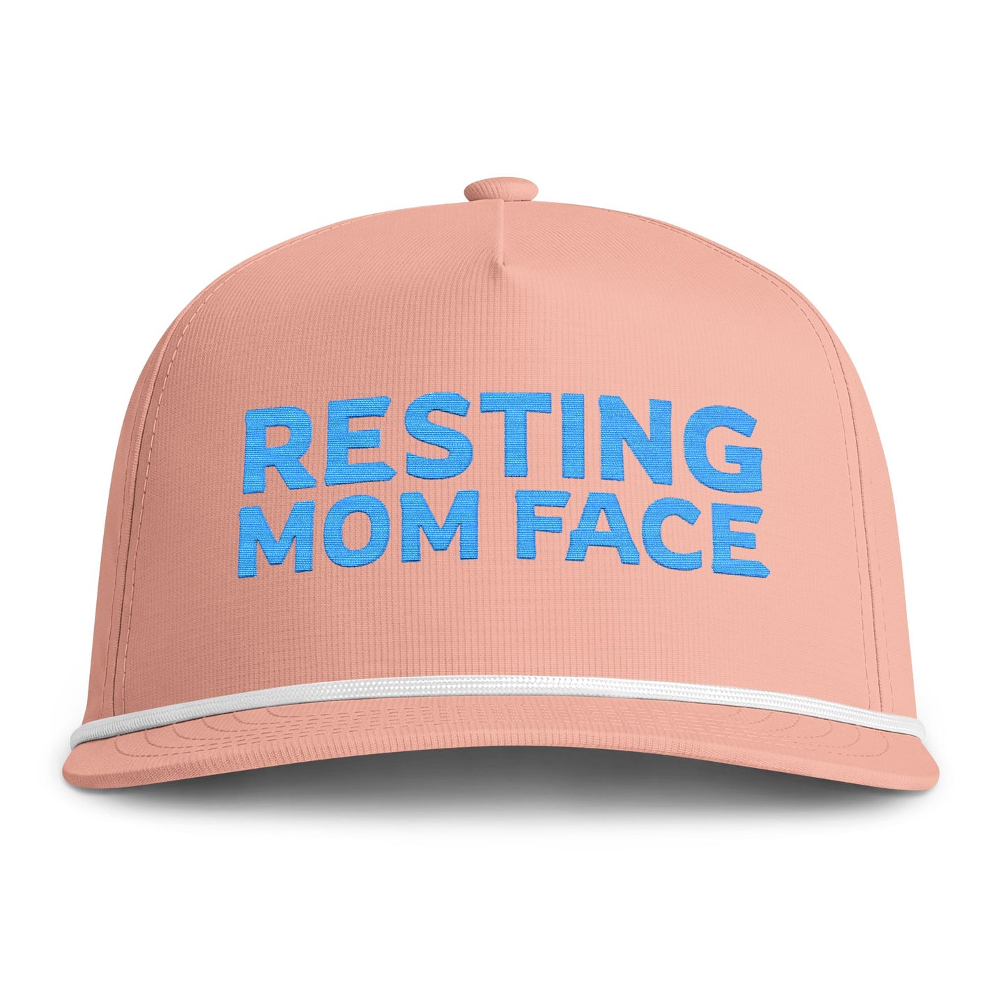 Image of a peach hat with blue embroidery reading "Resting Mom Face"