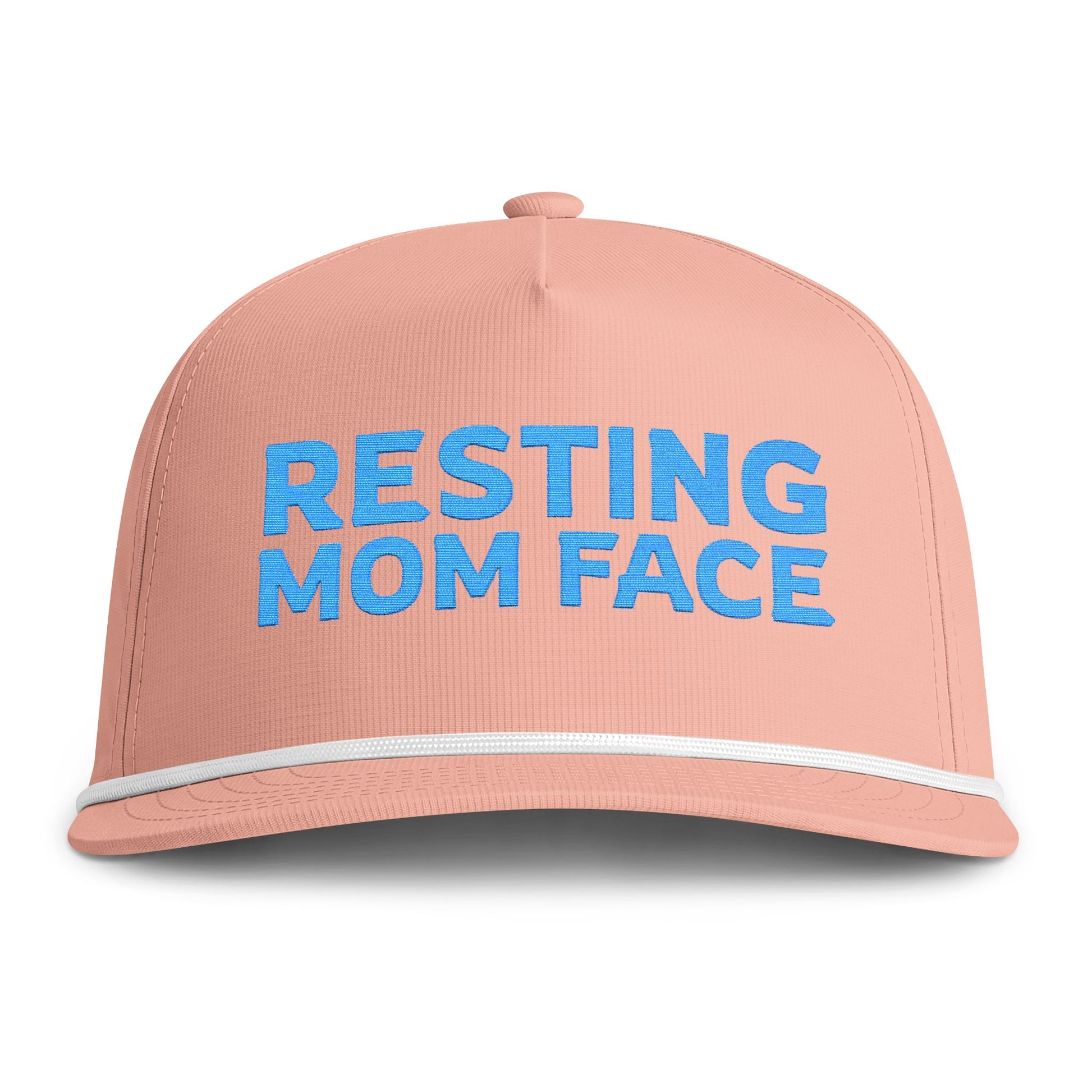 Image of a peach hat with blue embroidery reading "Resting Mom Face"