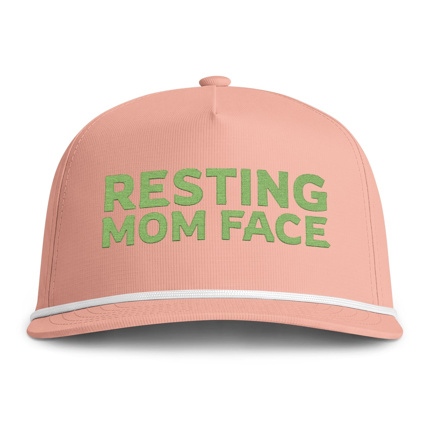 Image of a peach hat with green embroidery reading "Resting Mom Face"