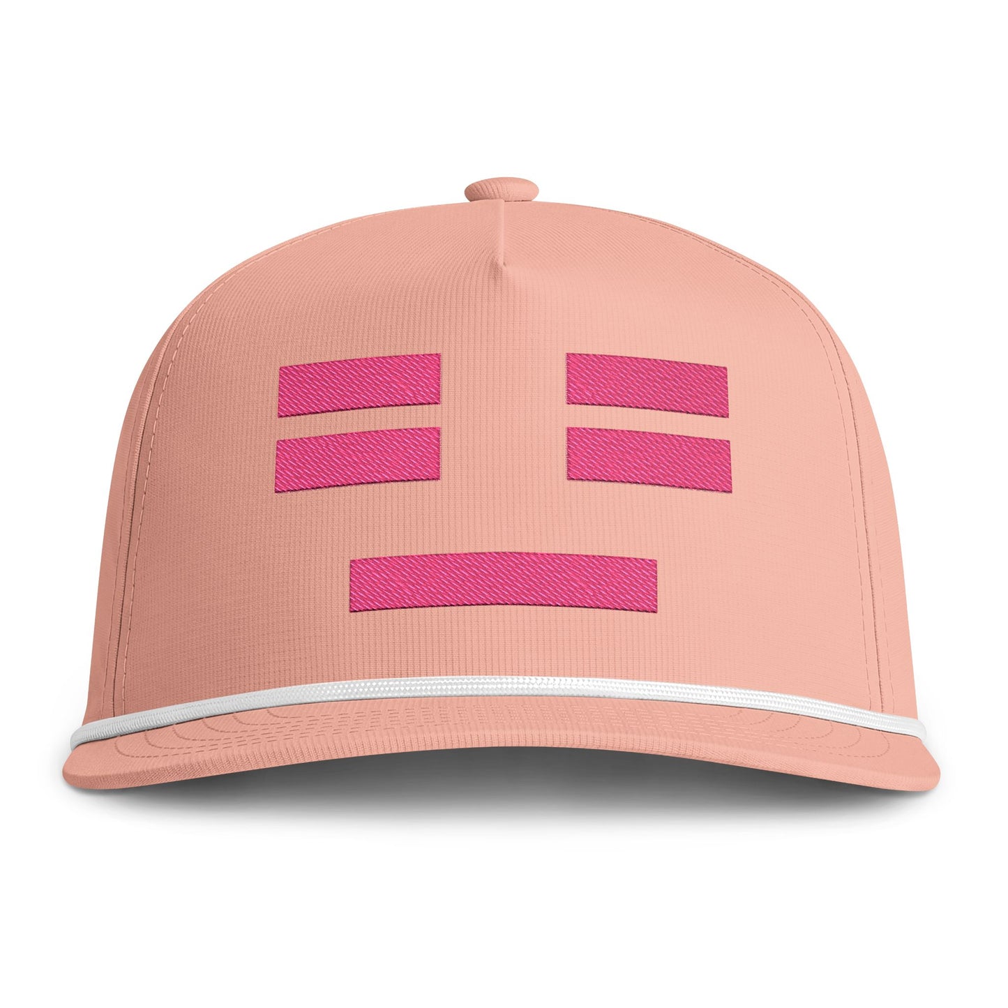 Image of a peach hat with an embroidered pink resting face icon