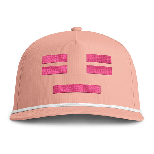 Image of a peach hat with an embroidered pink resting face icon