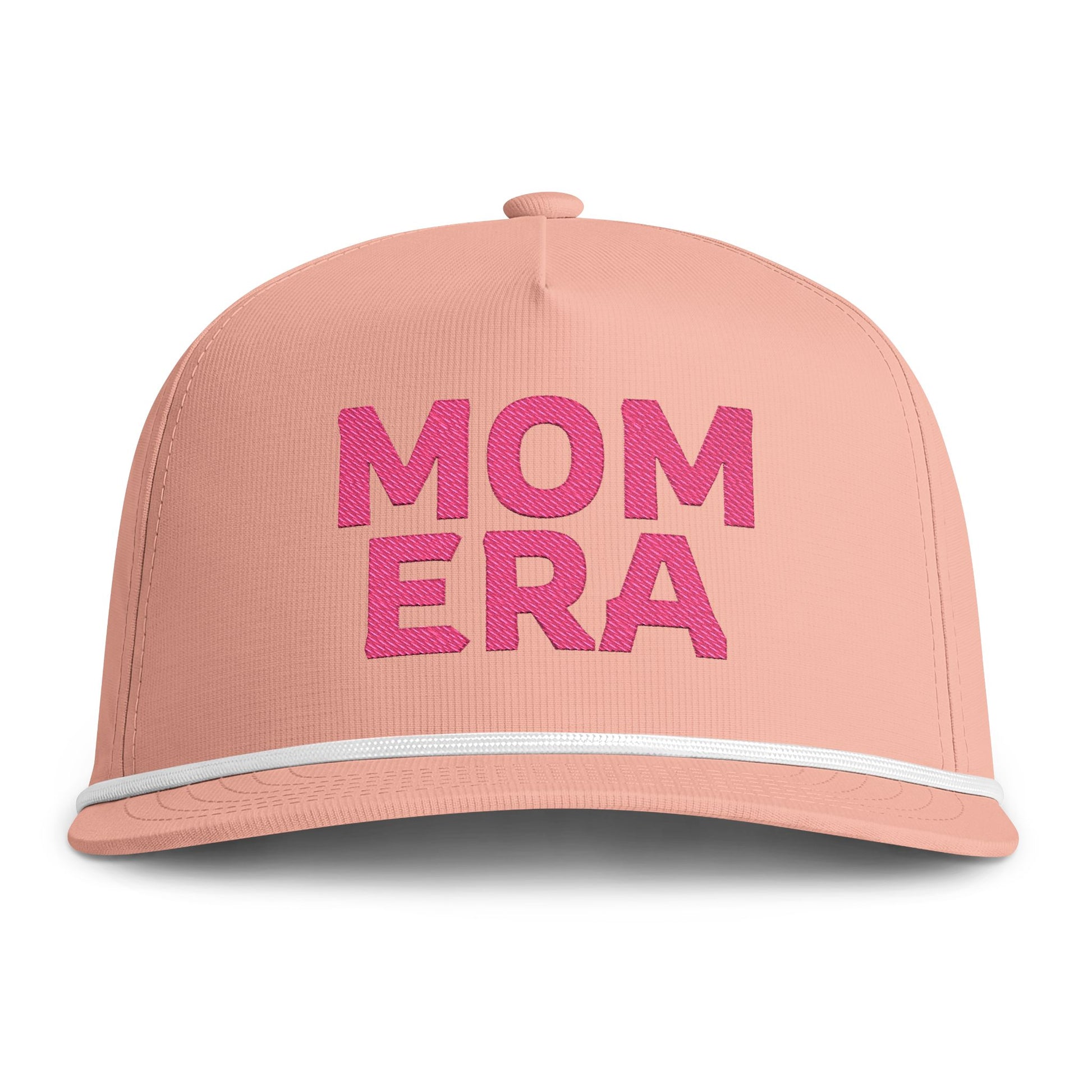 Image of a peach hat with pink embroidery reading "Mom Era"