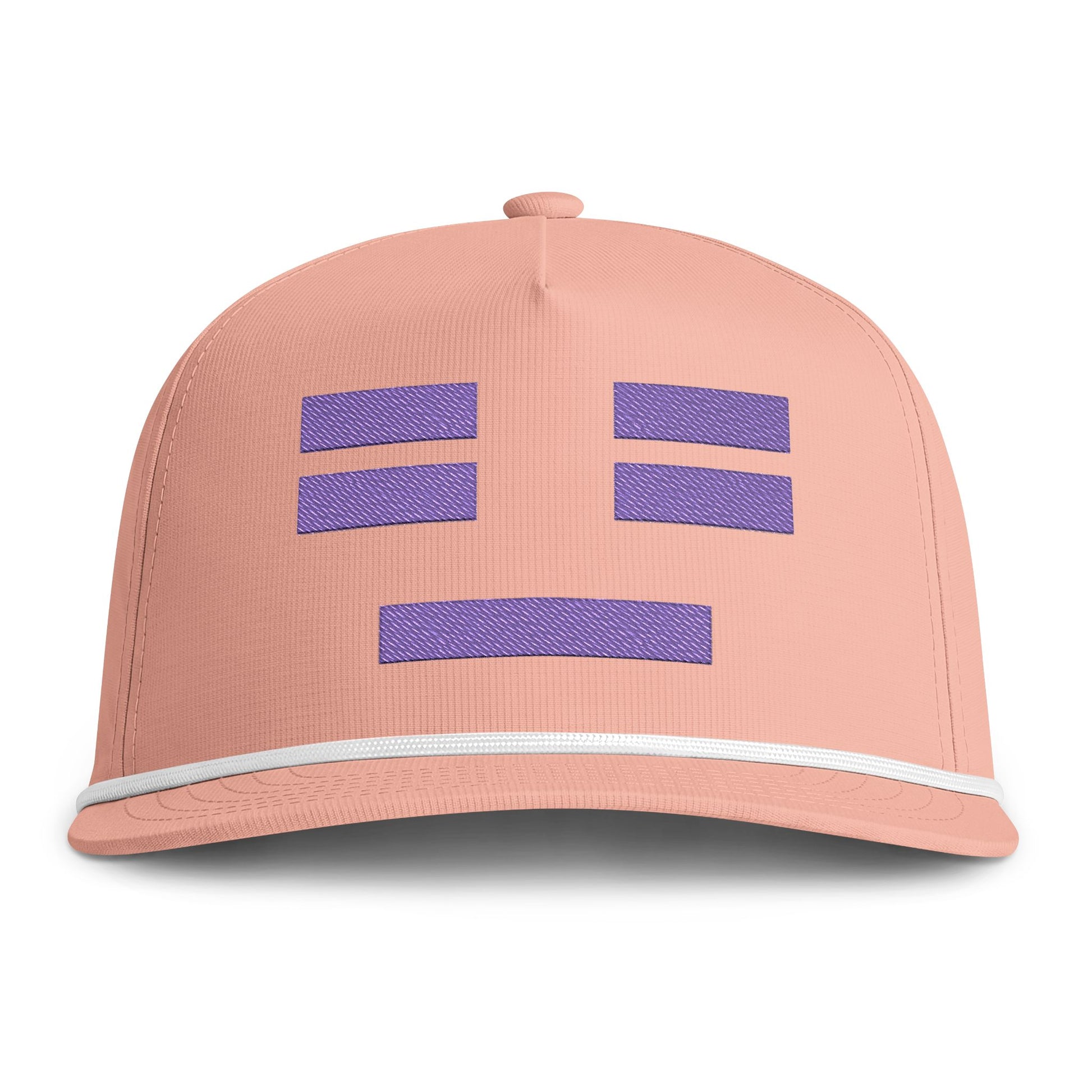 Image of a peach hat with an embroidered purple resting face icon