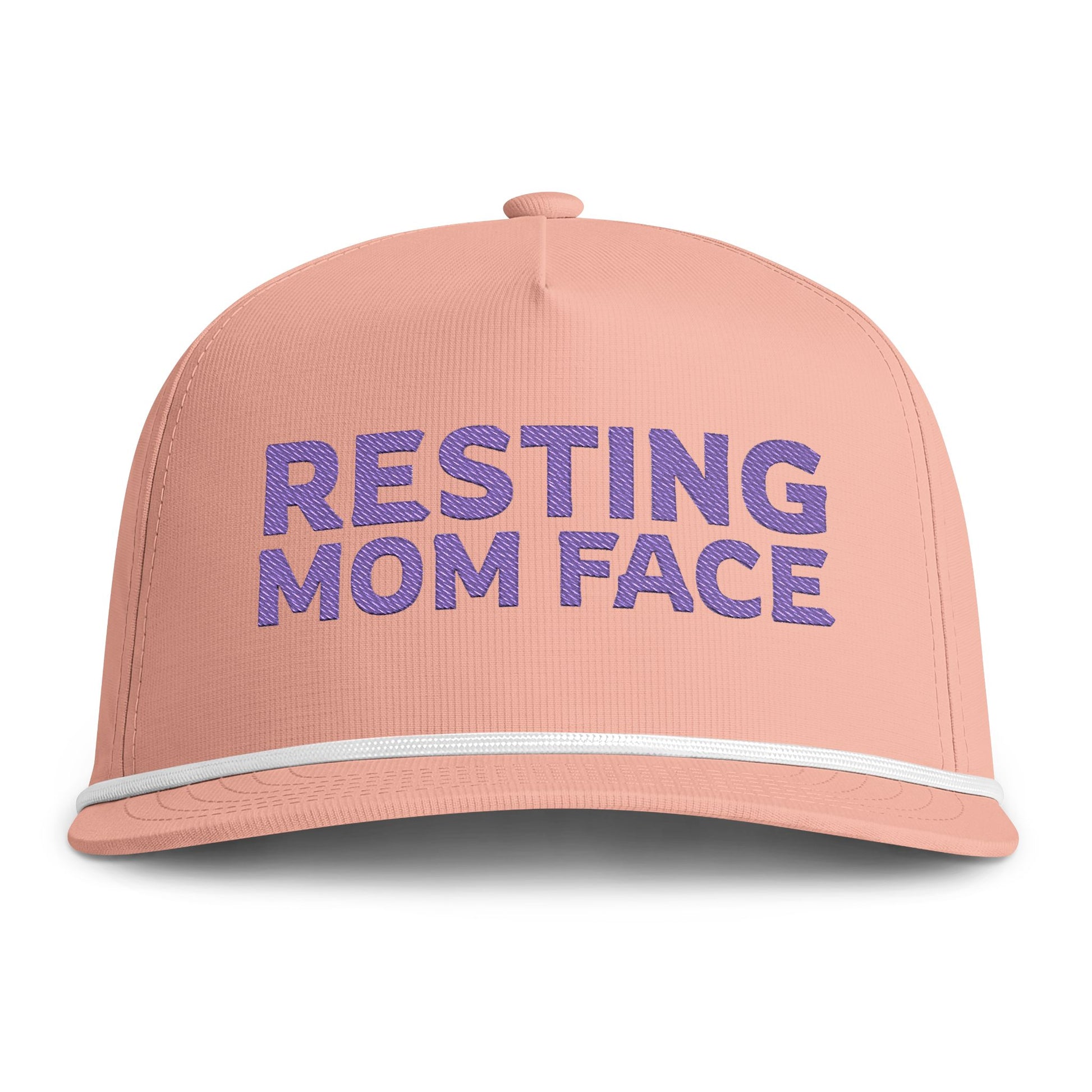 Image of a peach hat with purple embroidery reading "Resting Mom Face"