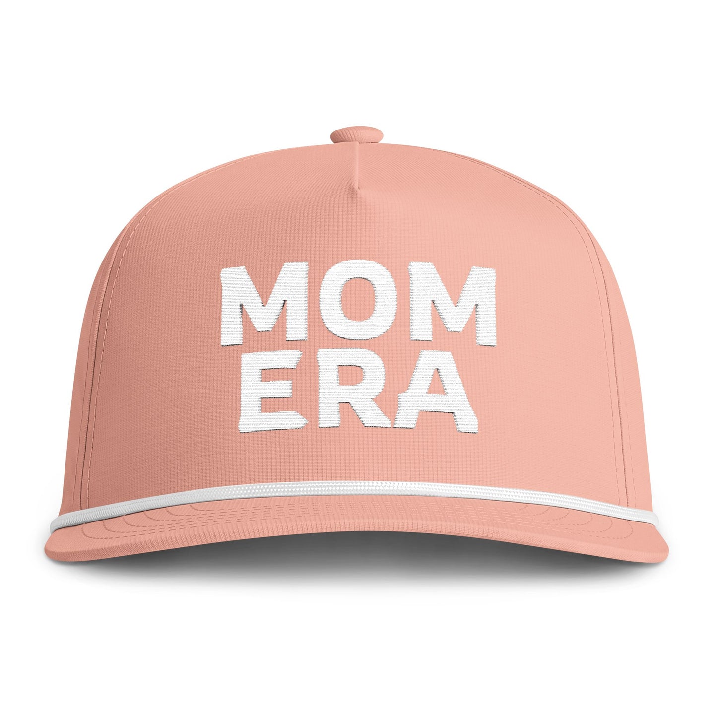 Image of a peach hat with white embroidery reading "Mom Era"