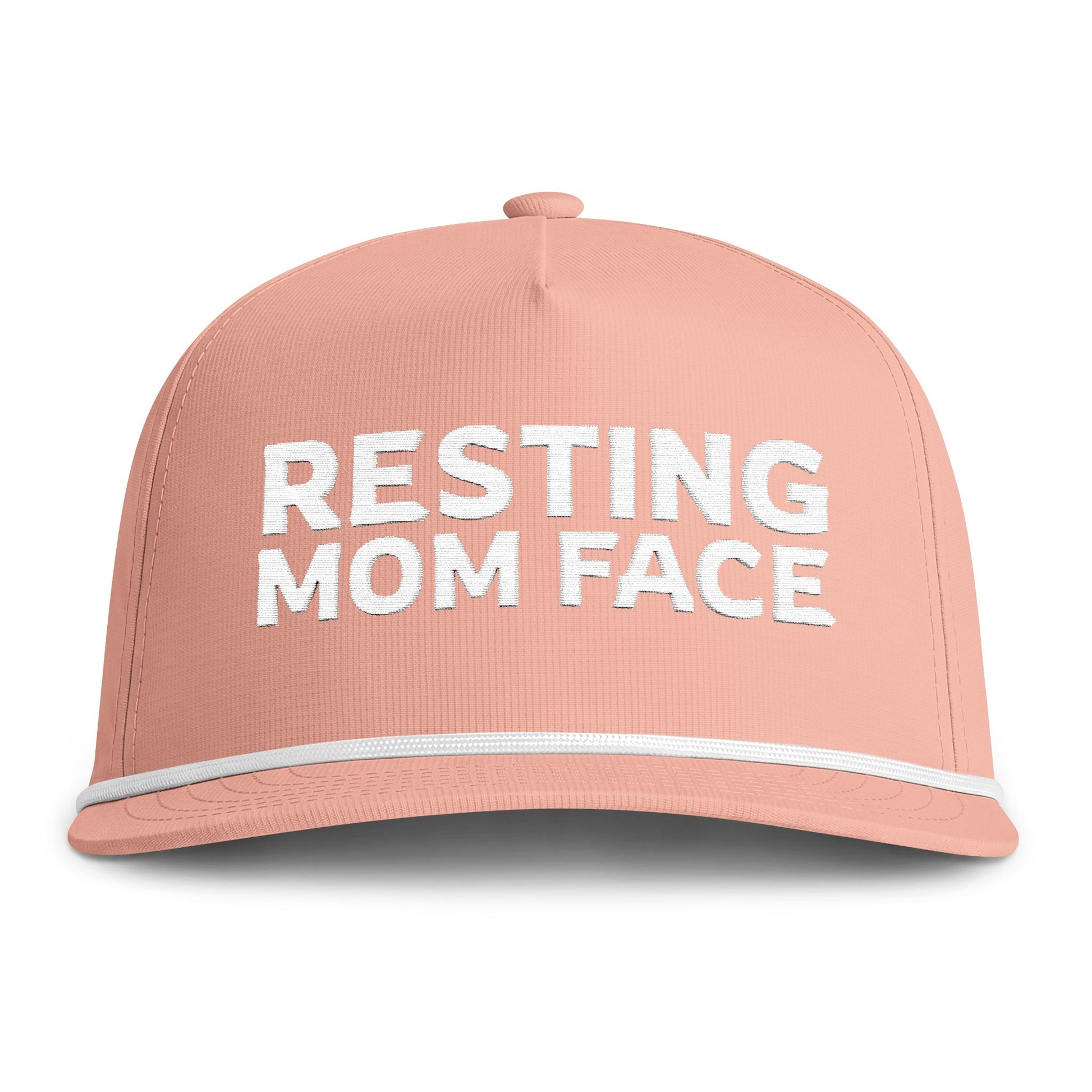 Image of a peach hat with white embroidery reading "Resting Mom Face"